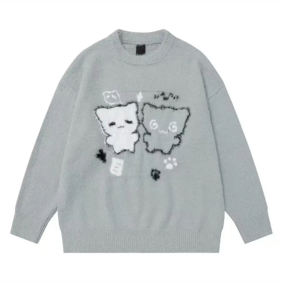 Japanese Kawaii Long Sleeve Sweater Cartoon Cat Embroidery O-Neck Pullover Knitwear Spring Autumn Sweet Slim Patchwork Cute