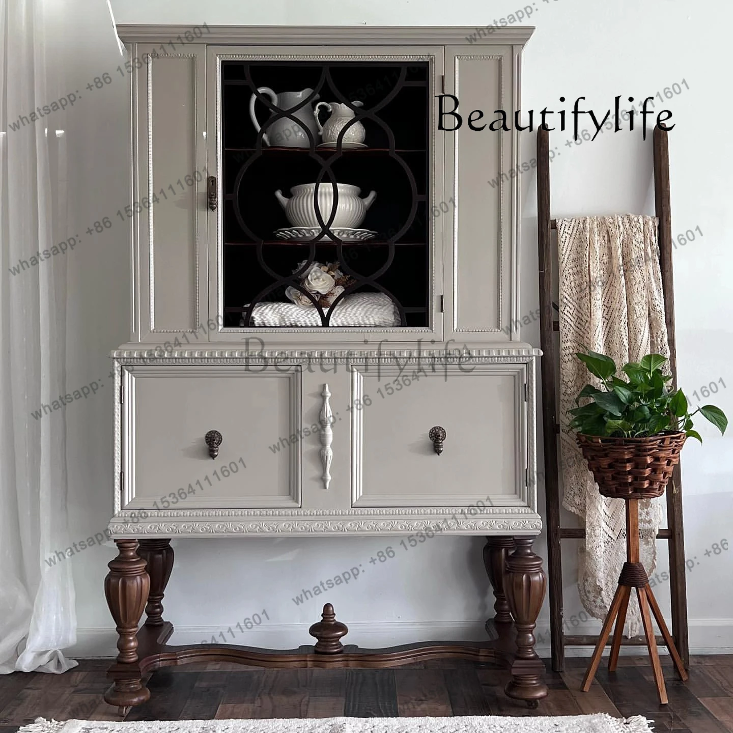 

French retro solid wood dining side cabinet American modern simple living room wall storage storage cabinet