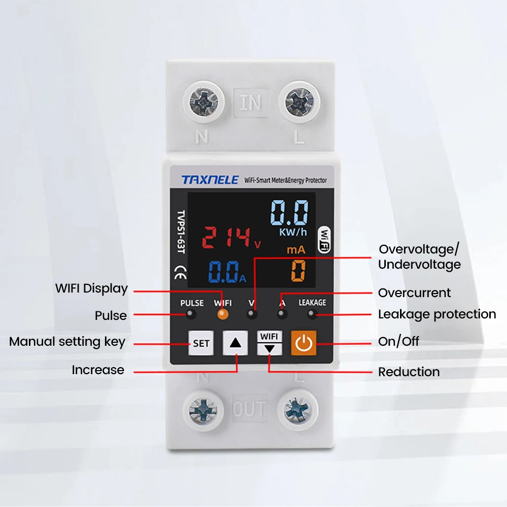 5~300V AC Smart Circuit Earth Leakage Over Under Voltage Protector 63A Tuya WIFI Control Current Energy Power kWh Meter