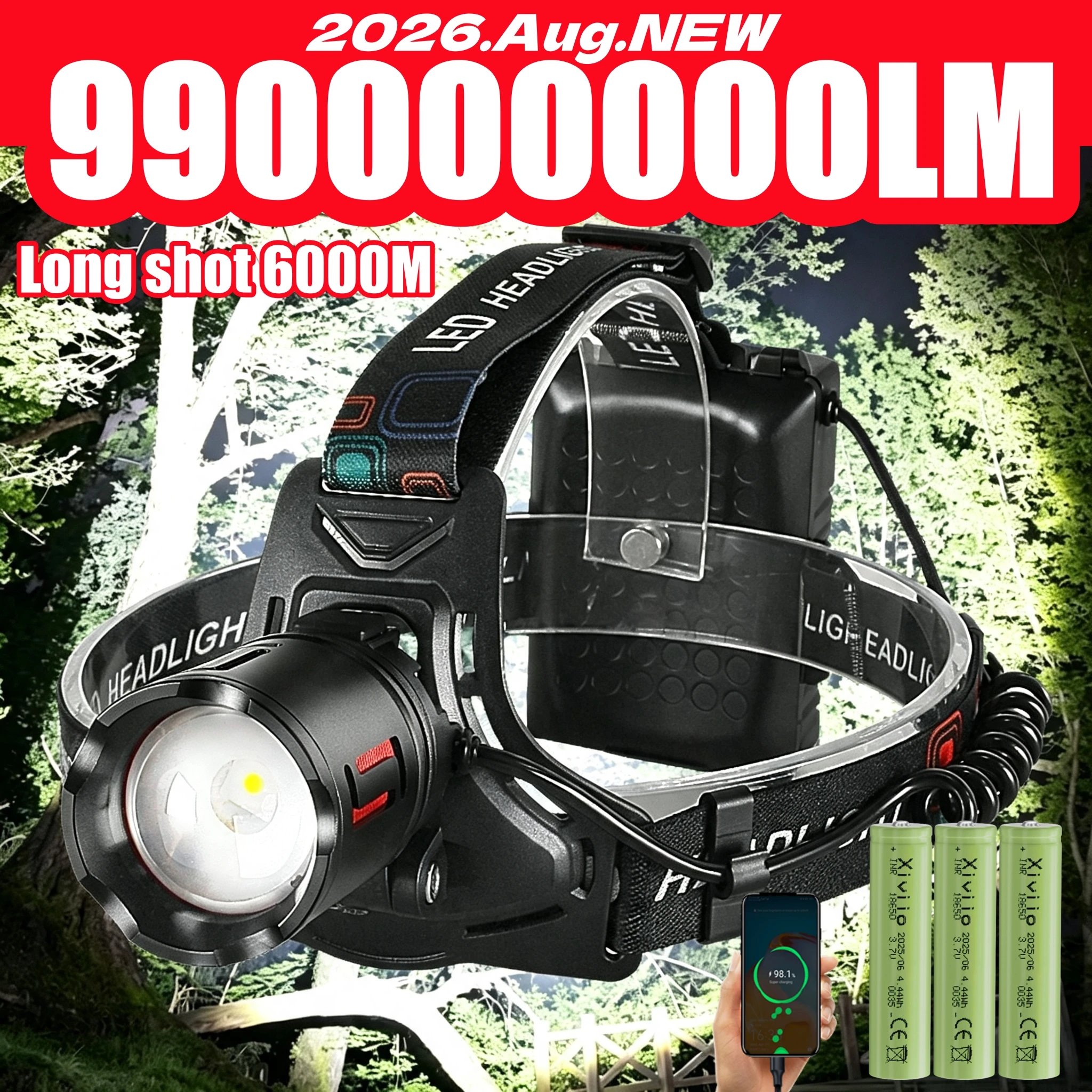 2026 New 9900000000LM Zoomable LED Headlamp 6000M Long Shot USB Rechargeable Head Torch Waterproof for Camping Fishing Hunting
