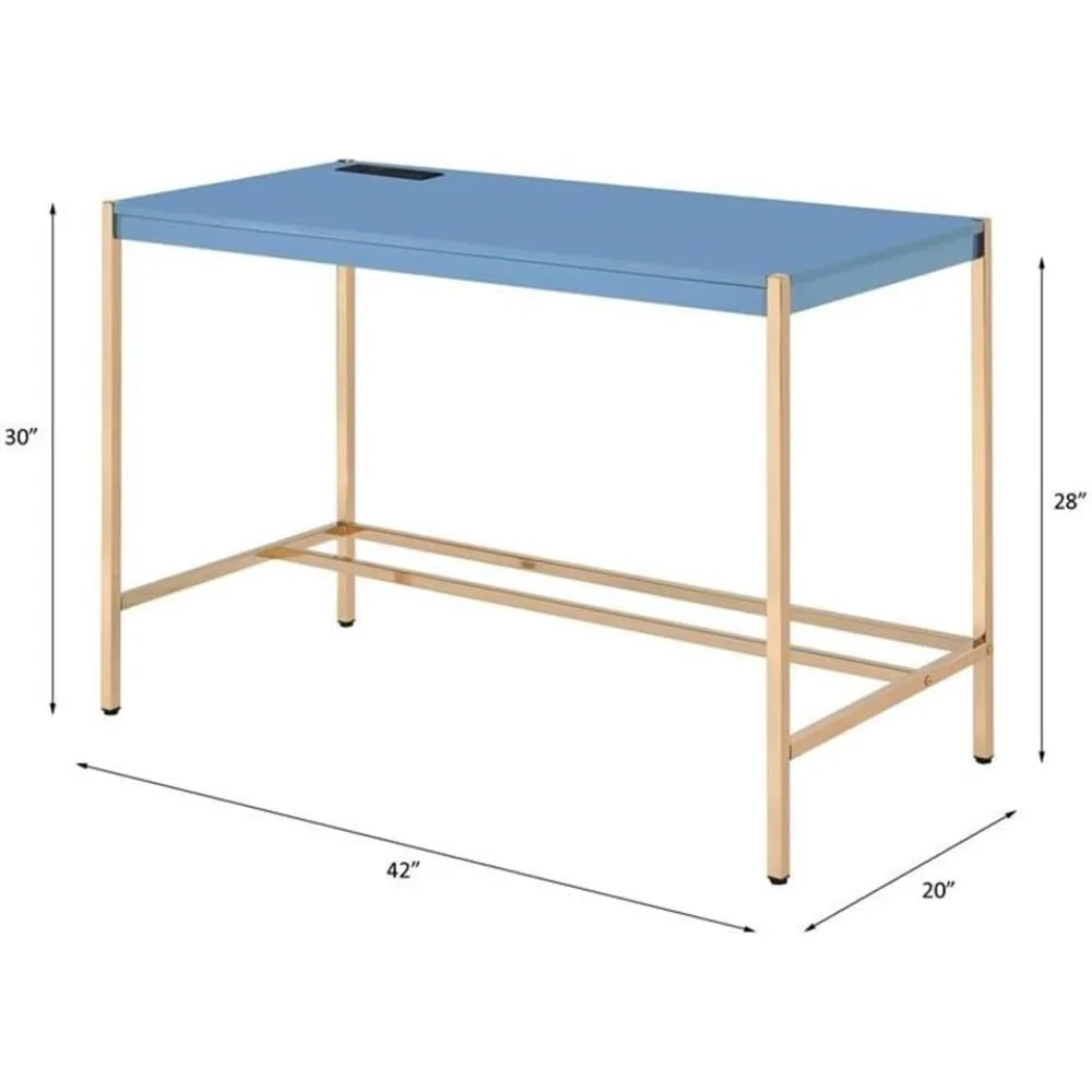 مكتب كتابة خشبي لسطح المكتب مع منافذ USB باللون الأزرق الداكن والذهبي