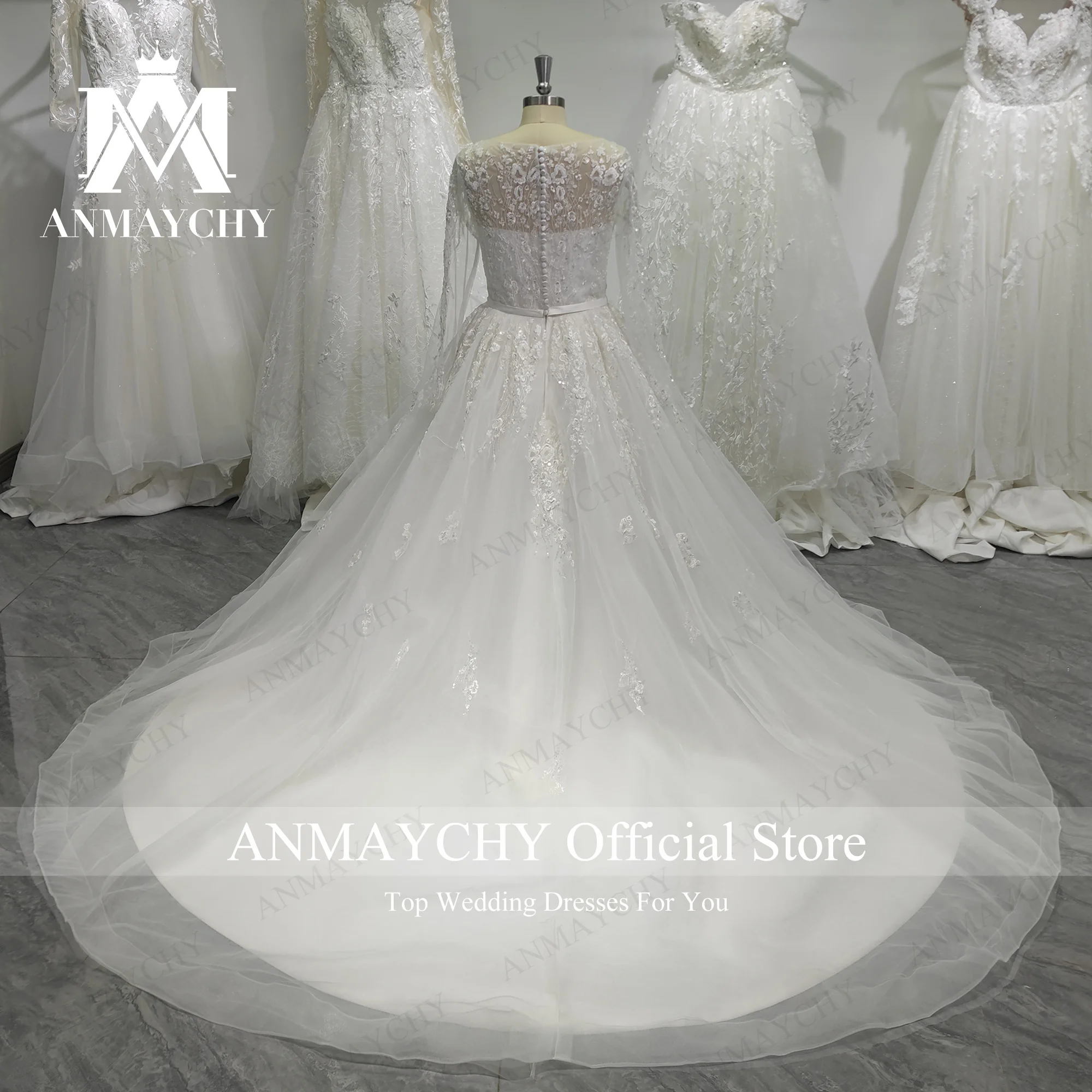 ANMAYCHY a-line فساتين زفاف للنساء 2023 طويلة الأكمام الوهم زر الزهور الدانتيل الخرز ثوب الزفاف Vestidos De Novia