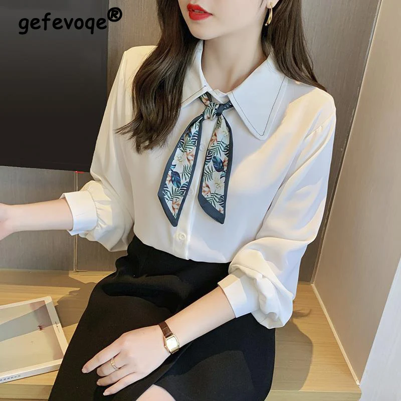 Frühling Herbst Frauen Elegante Satin Taste Lange Hülse Arbeit Tragen Shirts Koreanische Stil Chic Bogen Weiß Blau Bluse Top Blusas mujer