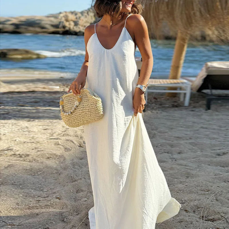 Chic Spaghetti Strap Beach Maxi Dress Womens Summer Backless Sleeveless Elegant Party Dress Retro Solid Simple A-Line Boho Dress
