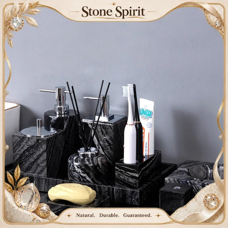 Ancient Wood Grain Natural Marble Bathroom Set Retro Antique Luxury Soap Dispenser Toothbrush Holder Tray Bathroom Accessories