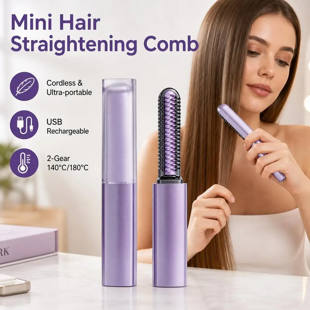 Anti Scald Mini Hair Straightening Comb USB Rechargeable 2 Gear Temp Adjustment Portable Travel Hair Styling Comb