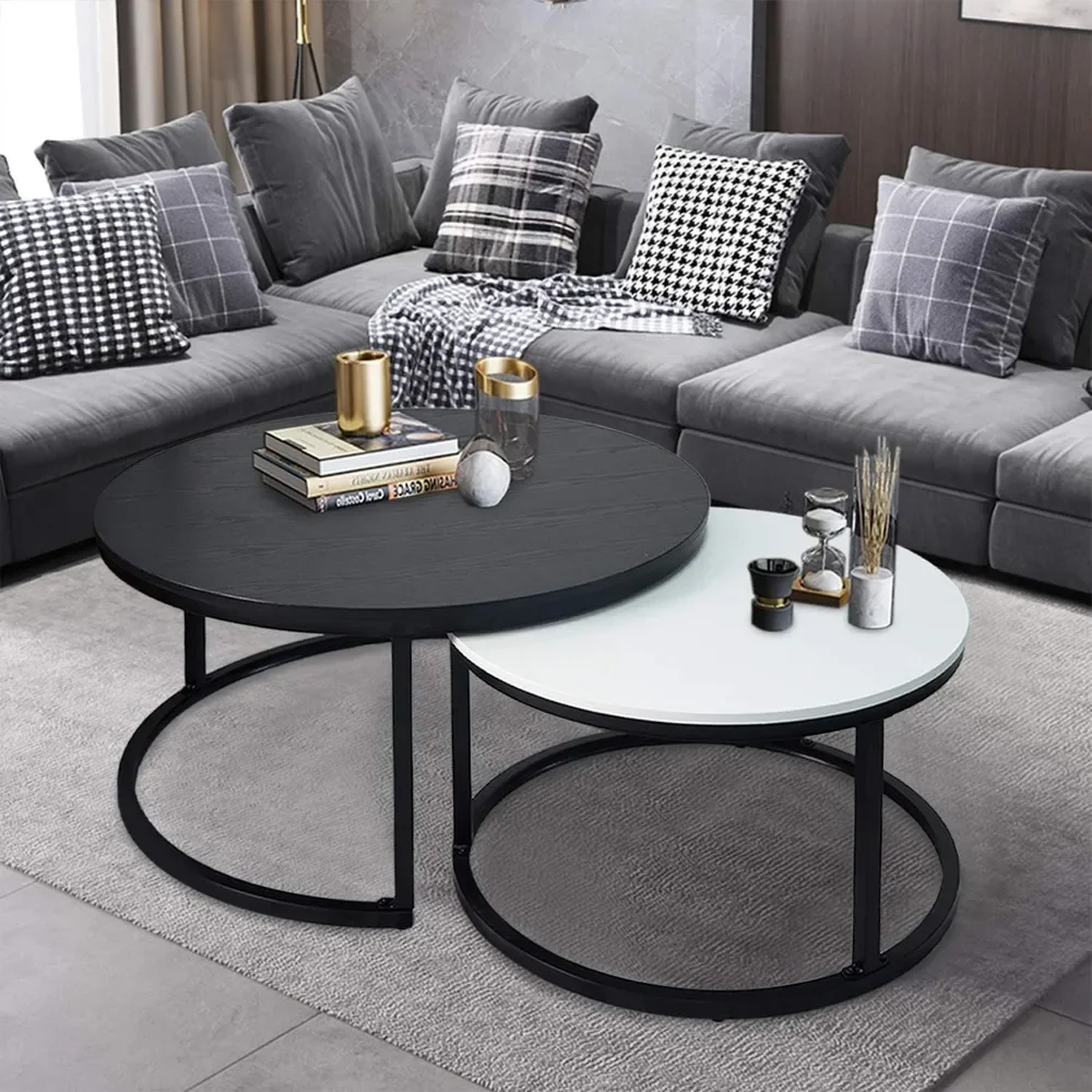 Round Coffee Tables 2 Round Nesting Table Set Circle Coffee Table W/ Storage Open Shelf for Living Room Modern Minimalist Style