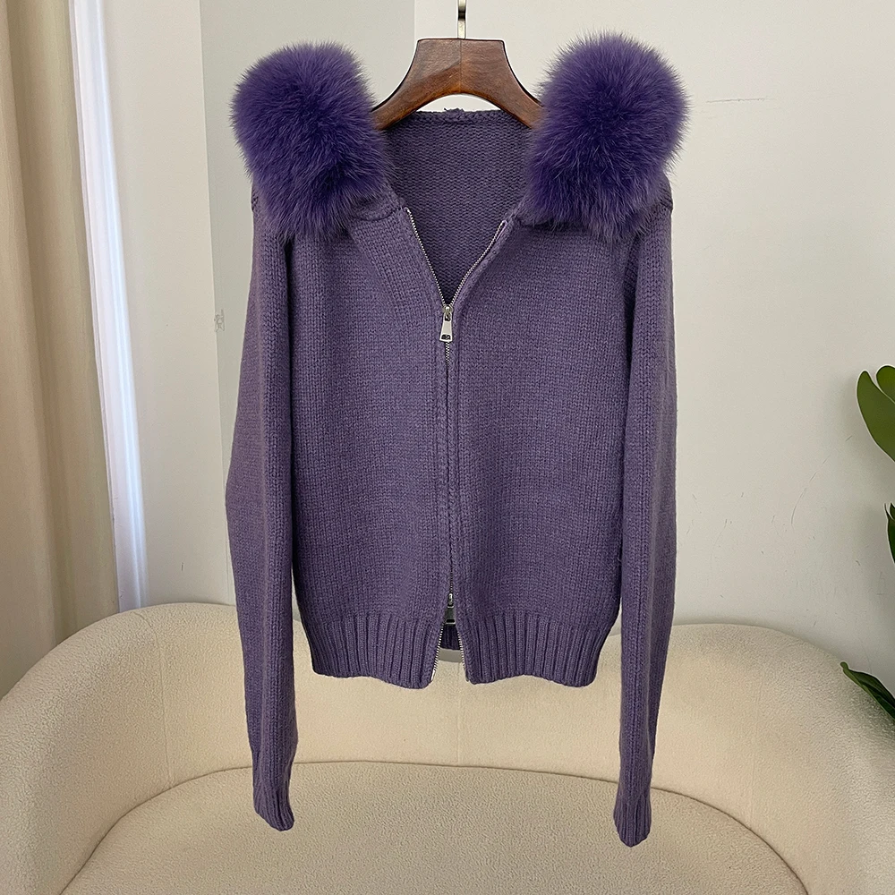 OFTBUY Natural Fur Cardigan Coat for Women Casual Hooded Real Fox Fur Collar Luxury Short Knitted Jacket Fashion Autumn Winter