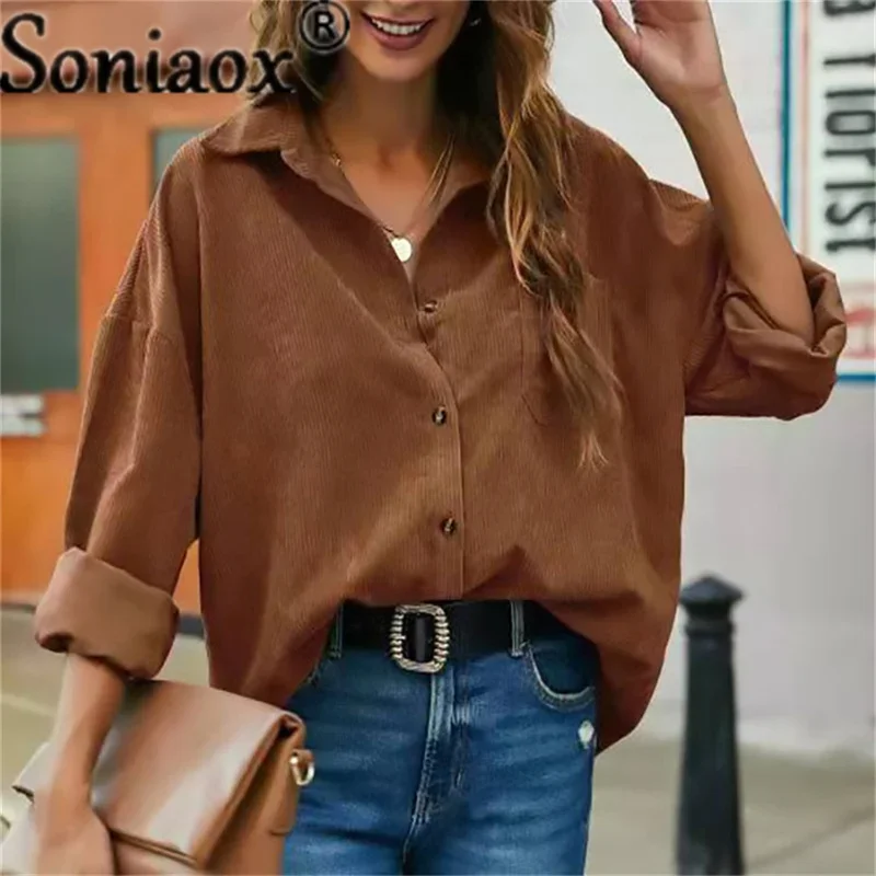 Corduroy Shirt Women Solid Color Long Sleeve Turn-Down Collar Casual Loose Fashion Tops Ladies Streetwear Shirt Vintage Clothes