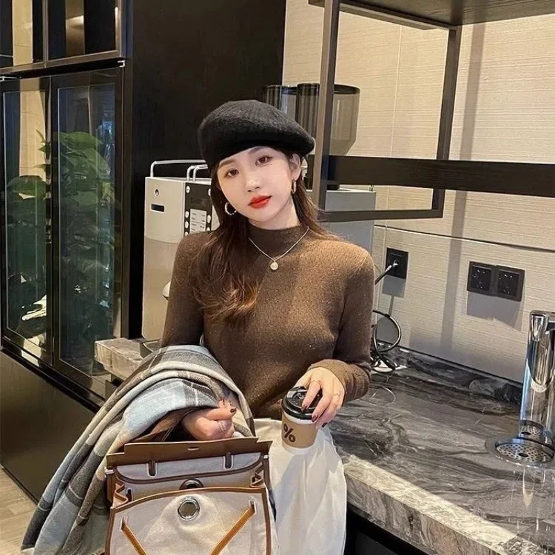 Pulls en velours brillant à col montant pour femmes, pulls épais à manches longues, mode coréenne, automne