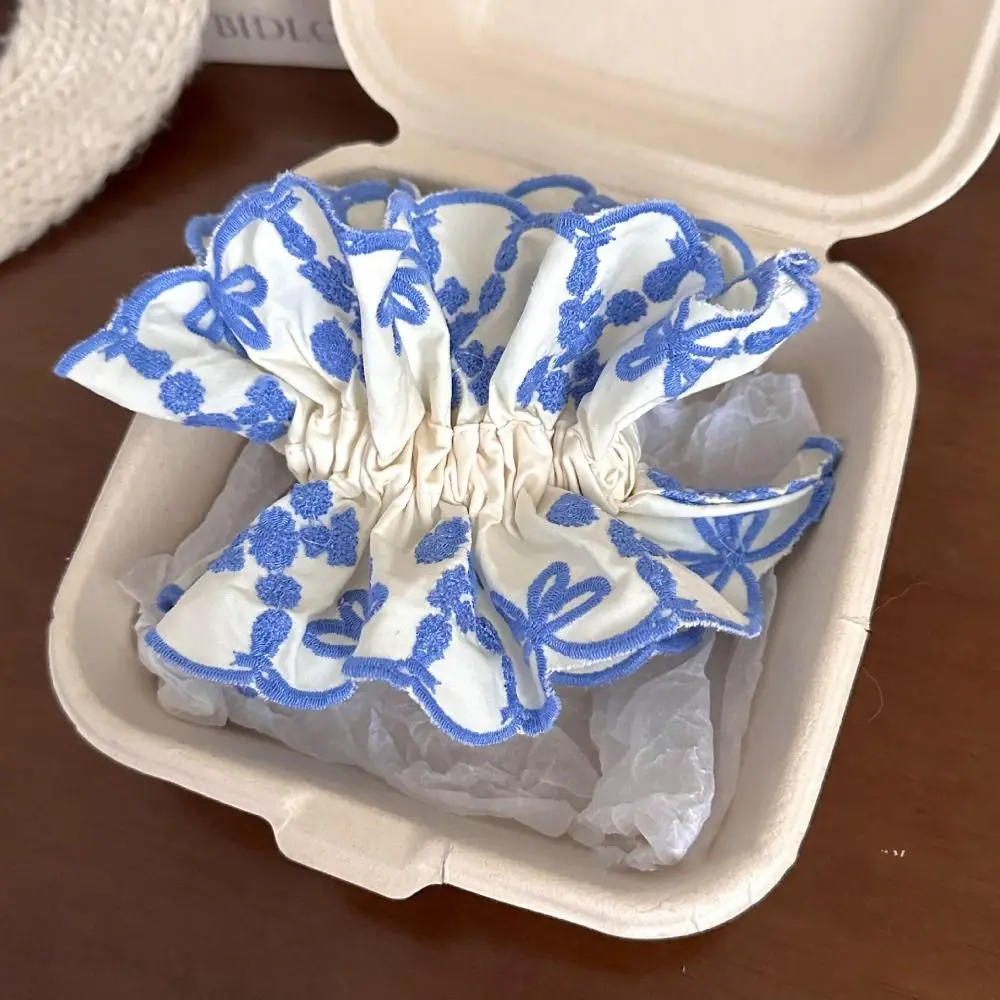 

Fashion Flower Shape Lace Scrunchies Blue Cloth Elastic Hair Bands Oversize Ballet Style Embroidery Large Hair Scrunchies Party
