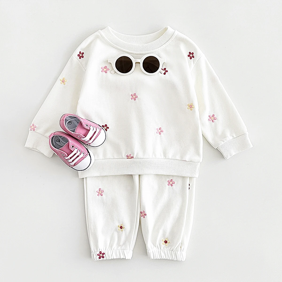 2024 Winter Baby Clothes Set Warm Pure Cotton Warm Fall Basic Clothes Flower Embroidery Split Two-Piece Set Baby Girls Homewear