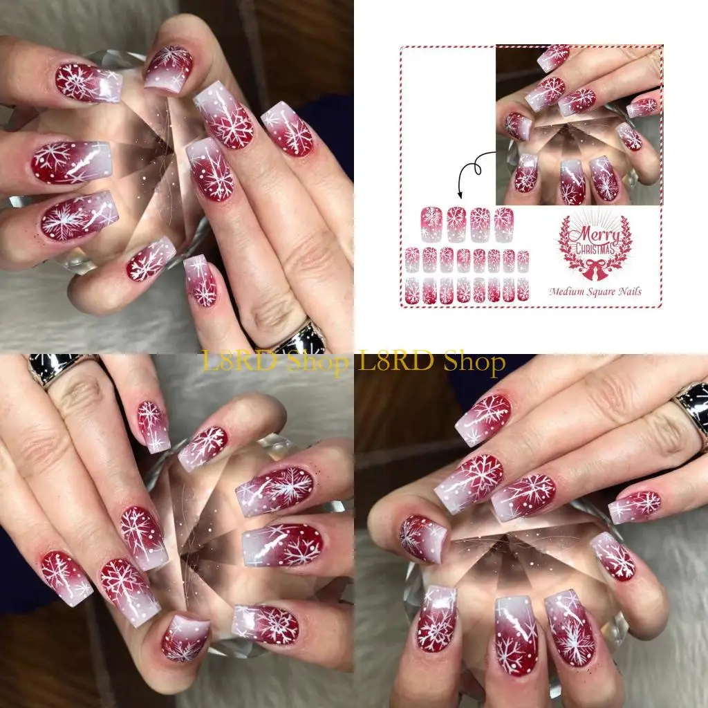 L8RD 24PCS Party Ready Artificial Red White Snowflake Design Quick Press On for Holidays Weddings Daily Use
