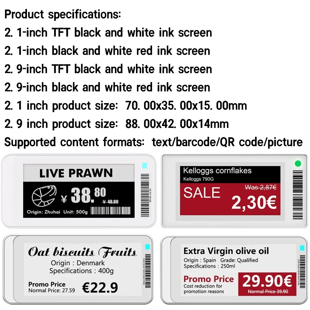 Module Epaper 2.1 pouces 2.9 pouces, écran TFT, affichage e-ink, carte d'étiquette de prix électronique, Version BT avec logiciel de fonctionnement d'application