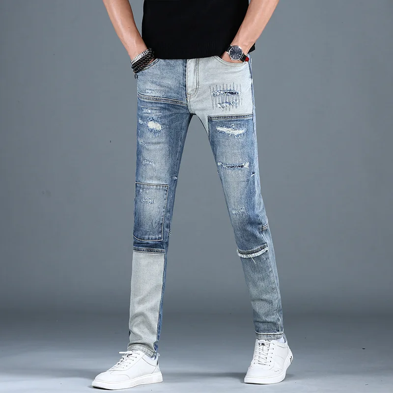 

Street retro ripped jeans men's slim fit ankle-tied trendy Korean style stitching nostalgic washed casual long pants