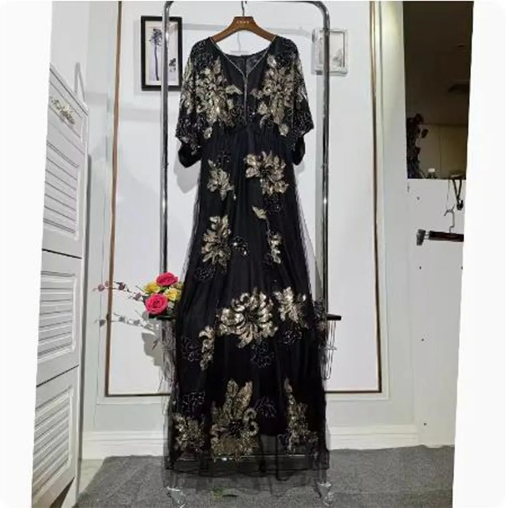 Sexy Fashion Vestido Women Summer Loungewear V-Neck Maxi Dress, Sequins Patchwork Elegant Ladies Dress 2024