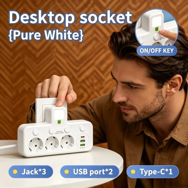 2-in-1 Dual Function Wall Charger with USB Type-C Port EU Plug Wall Socket Adapter Power Strip for Home Office Daily Use