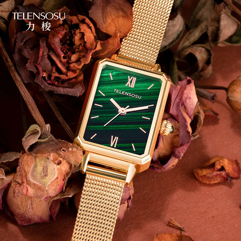 TELENSOSU женские кварцевые часы, роскошные сахарные кубики, малахитовый циферблат, ремешок из нержавеющей стали, модные роскошные подарочные женские часы 8820