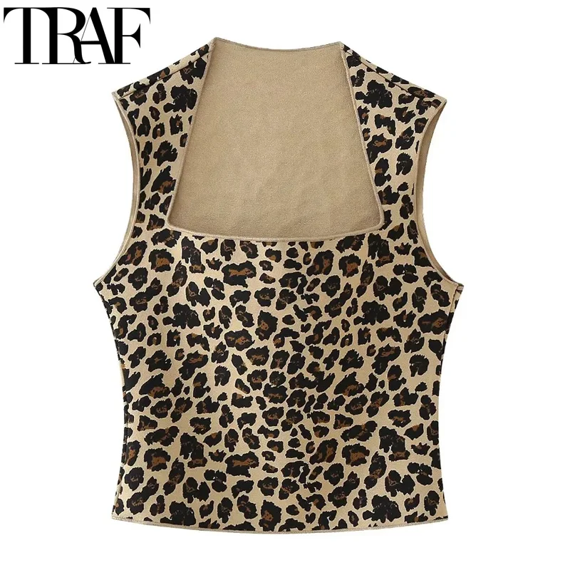 TRAF 2024 Leopard Crop Tops Woman Vintage Sleeveless Knit Tank Top Women Square Neck Animal Print Blouse Stretch Summer Tops