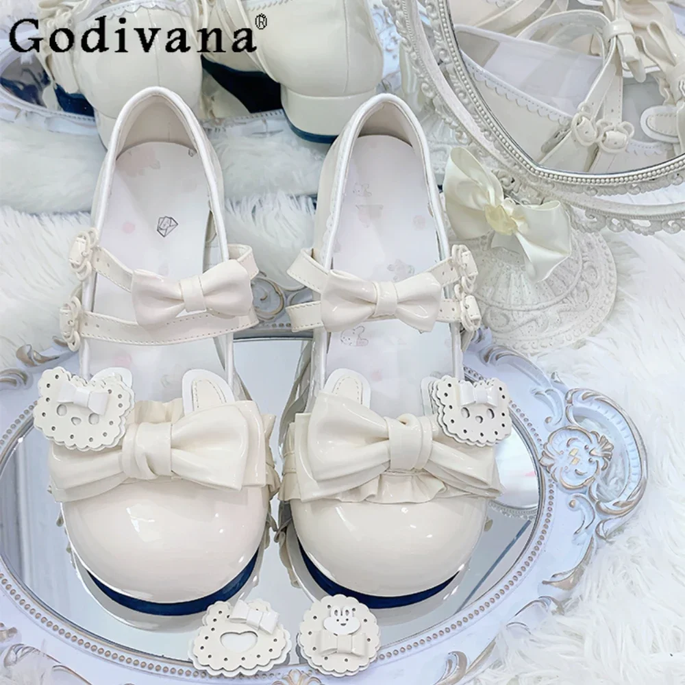 

Lolita Kawaii Platform Shoes Girls Round Head Cute Bow Low Heel Girls Single Shoe