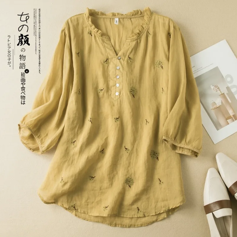 Chinese Style Women's Shirt Cotton Linen Vintage Embroidery Blouses Loose Short Sleeves Women Tops Summer Clothing