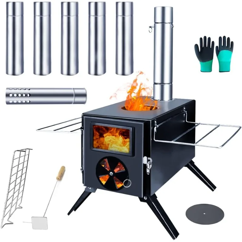 

Fitinhot Camp Wood Stove, Tent Wood Burning Stoves Portable with Chimney Pipes, Upgraded Titanium Surface Camping Stove,