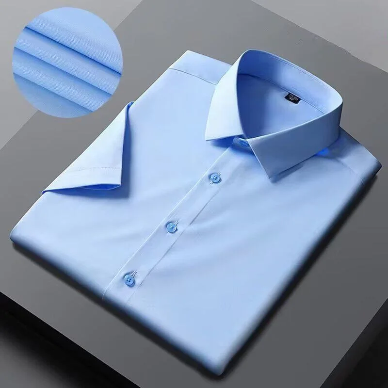 Summer Thin Ice Silk Short Sleeve Shirt Men's Business Casual Professional Anti-Wrinkle Shirt Cool Feeling Lightweight Polyes...