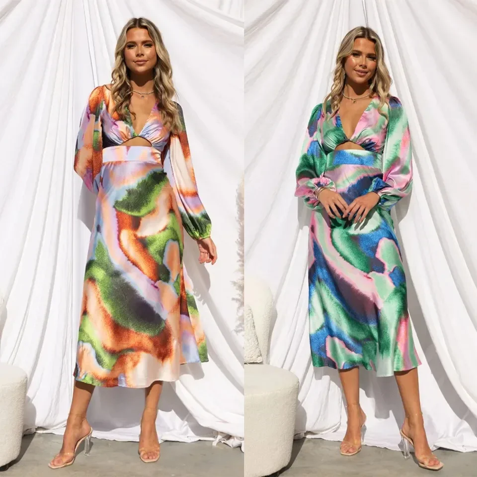 Sexy Bodycon Tie Dye Gedrukt Satijn Lange Feestjurken Voor Vrouwen Lange Mouw Diepe V-hals Hollow Out Slim Prom Dress Vestidos 2023