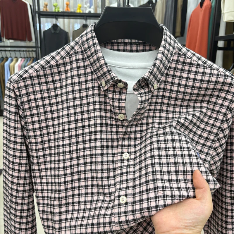 Men's Cotton100% autumn high quality shirt sanding grid lapel pocket long sleeves leisure exquisite fashion Men's clothing tops
