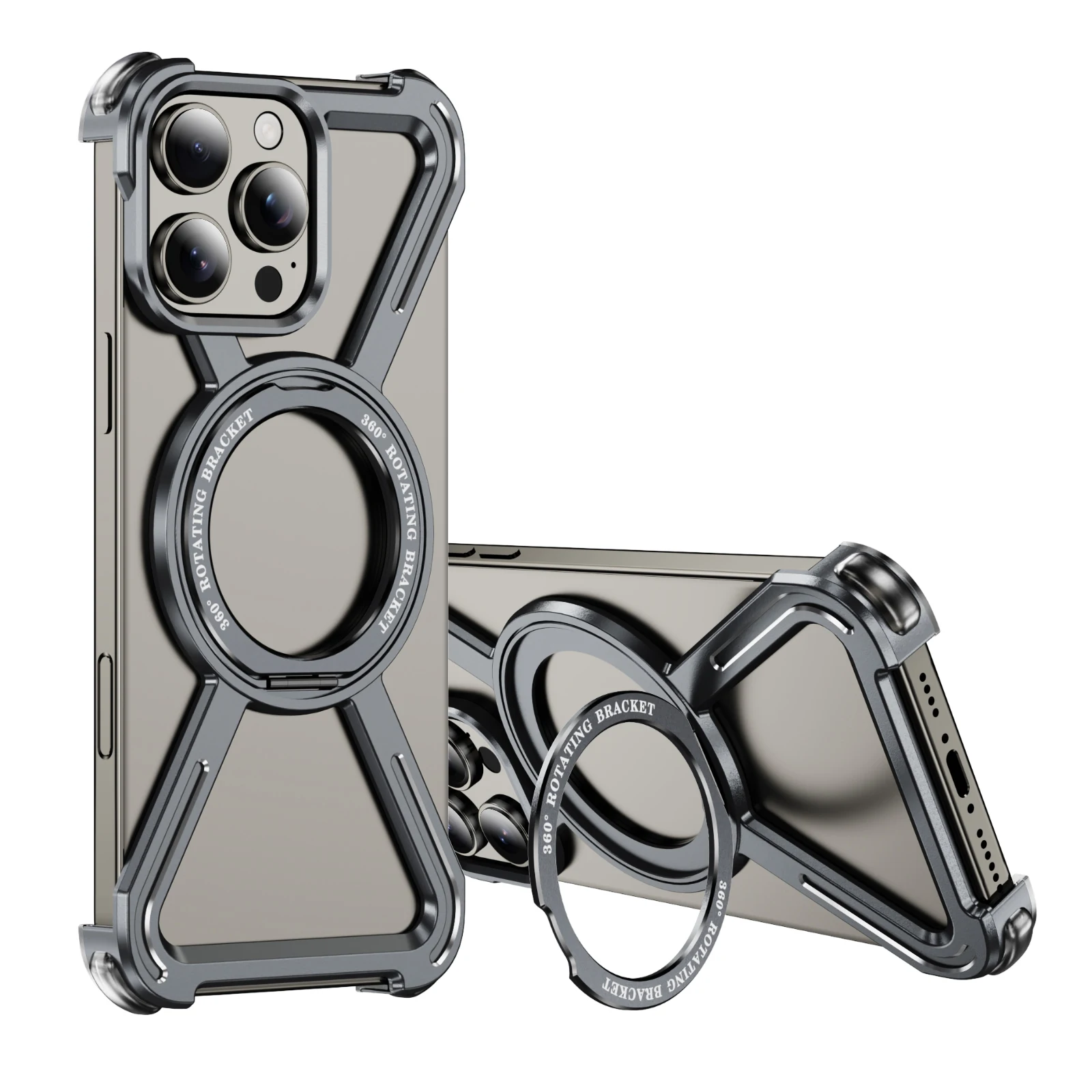 

Aluminum Alloy Military armor Rimless Magnetic Phone Case For iphone 16 15 Plus Pro 16Pro Max Metal Stand Airbag protection case