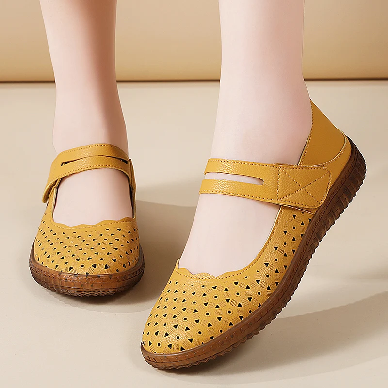 حذاء بدون كعب نسائي جديد، حذاء مسطح من الجلد الطبيعي 100%، حذاء نسائي عصري وغير رسمي، صنادل، مقاس كبير 42