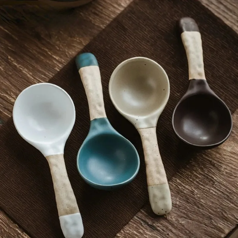 

Japanese Creative Handmade Stoneware Large Soup Spoon Simple Household Tableware Ceramic Big Rice Spoons Home Kitchen Supplies