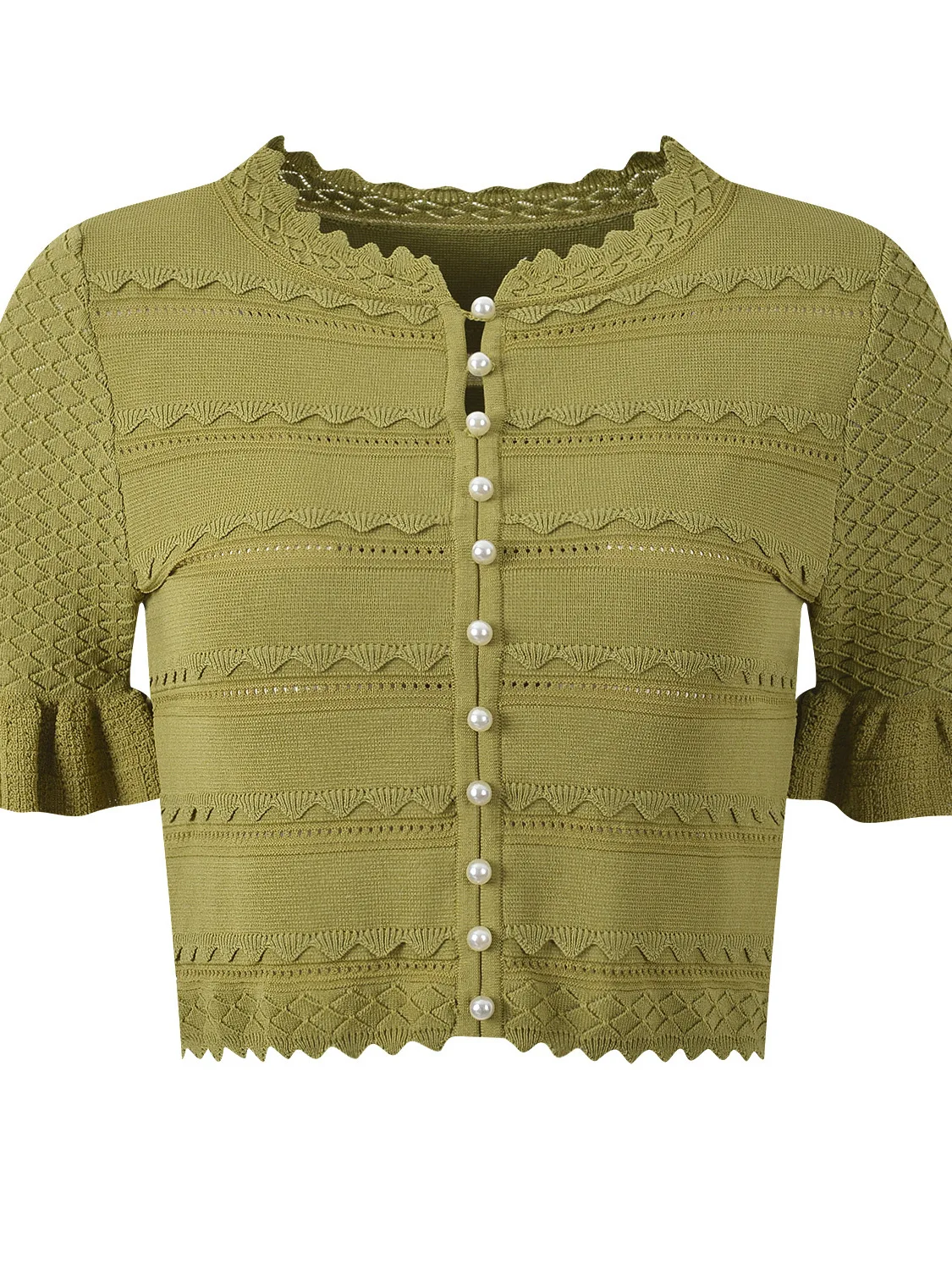 Summer 2026 Wave Knit Pattern Imitation Pearl Button Knitted Short Sleeve Ruffle Hem Halter Neck Half Skirt Set Women's Fashion