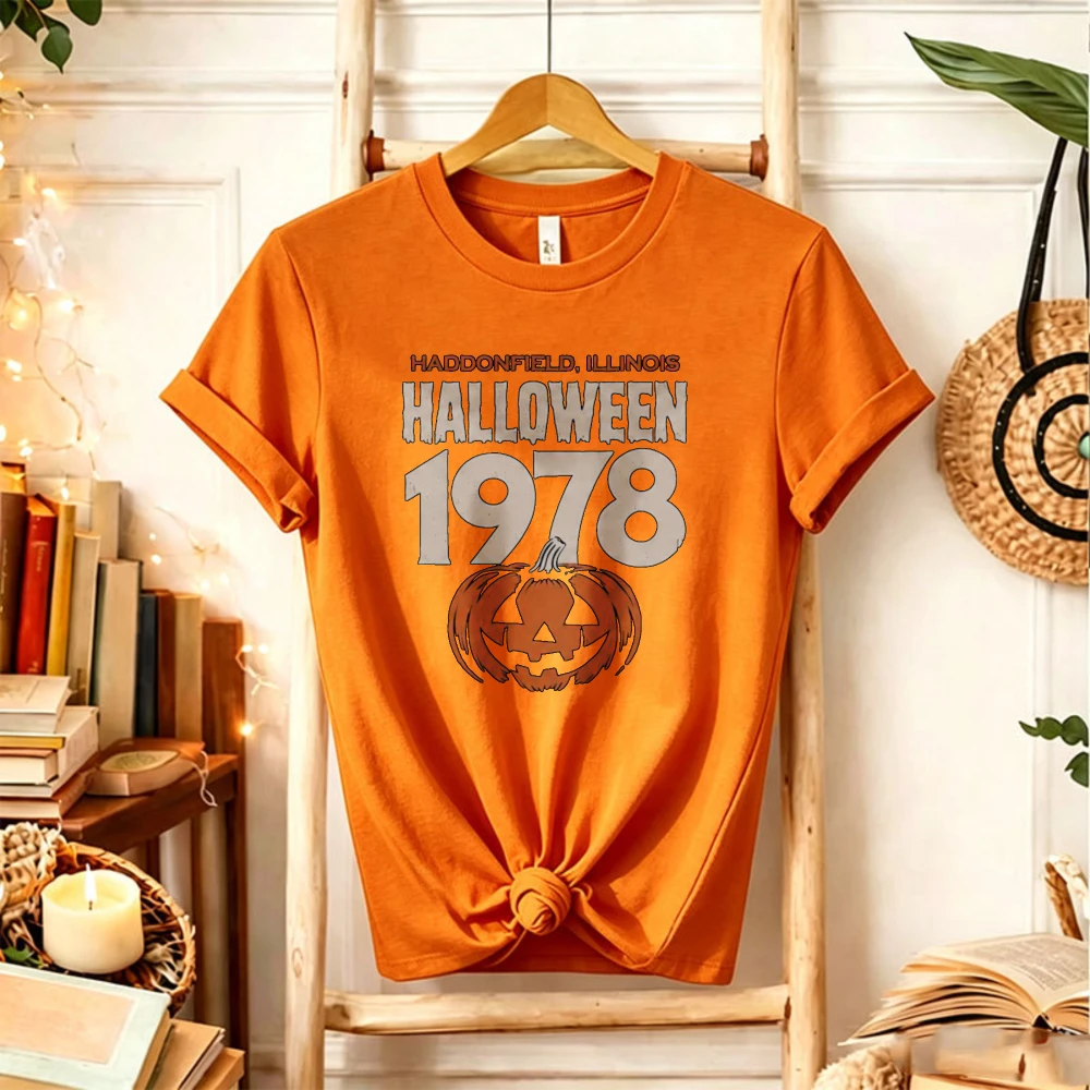 Haddonfield Illinois Halloween 1978 Graphic T‑Shirt Horror Movie Pumpkin Jack‑o‑Lantern Distressed Spooky Holiday Casual Tops