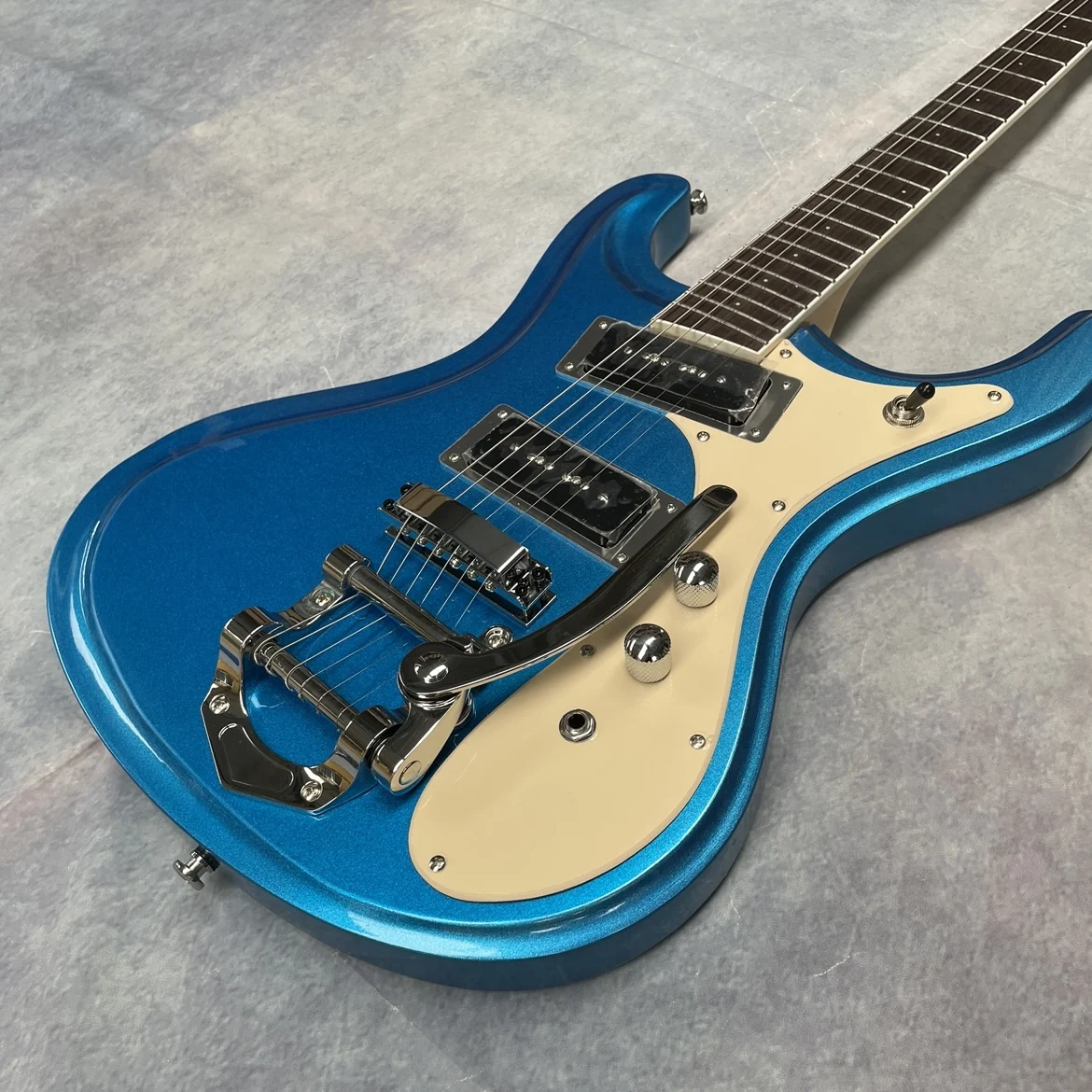 Metallic blue 6-string guitar, rosewood fingerboard electric guitar, white hardware guitar view 2