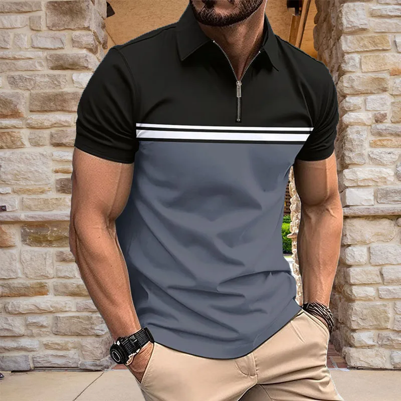 Horizontal casual fashion lapel men's short-sleeved American polo shirt 2024 solid color basic simple all-matching top men