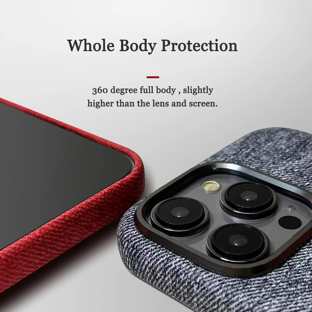 Denim Fabric Magnetic Phone Case For iPhone 12 13 14 15 Pro Max Metal Lens Ring Shockproof Cover For Magsafe Wireless Charging