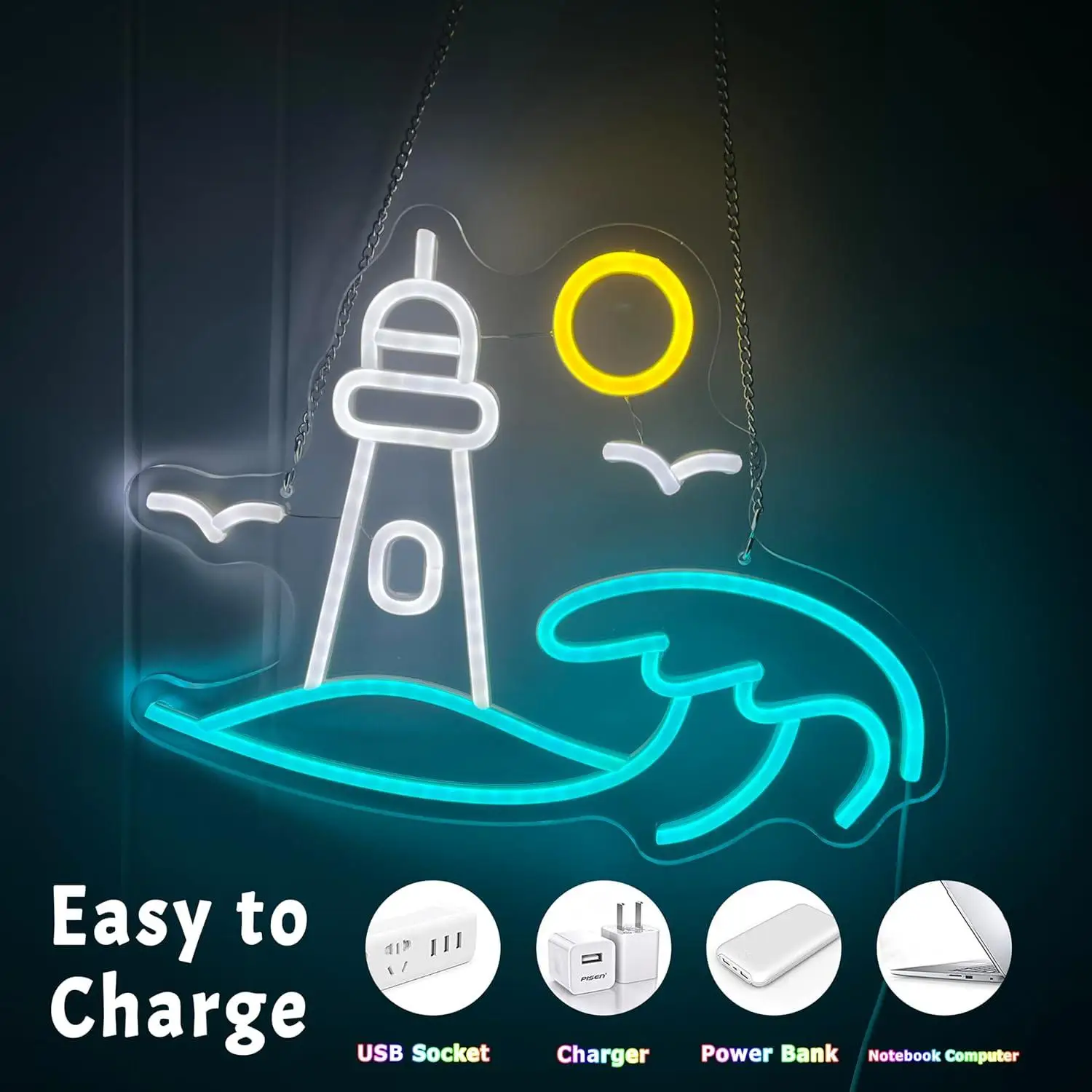 Lighthouse Scene Neon Sign Seaside USB Dimmable LED Light for Bedroom Game Room Party Aesthetic Wall Decor Gifts Night Light