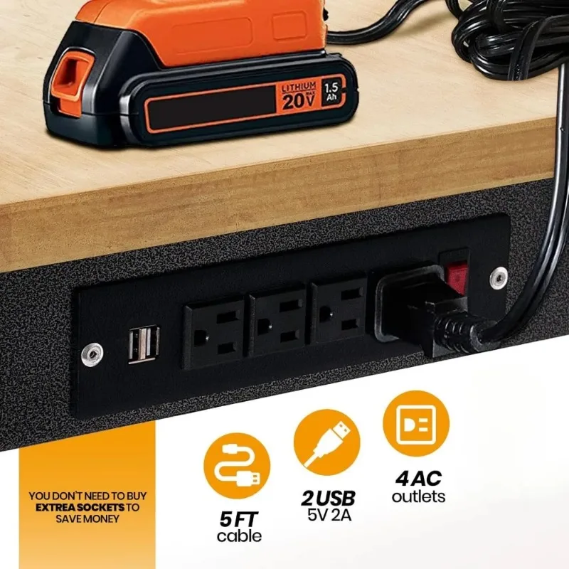 Mesa de trabalho resistente da bancada de madeira de borracha com tomada de energia, capacidade de carga de 2000 libras, bancada de trabalho ajustável de 48"