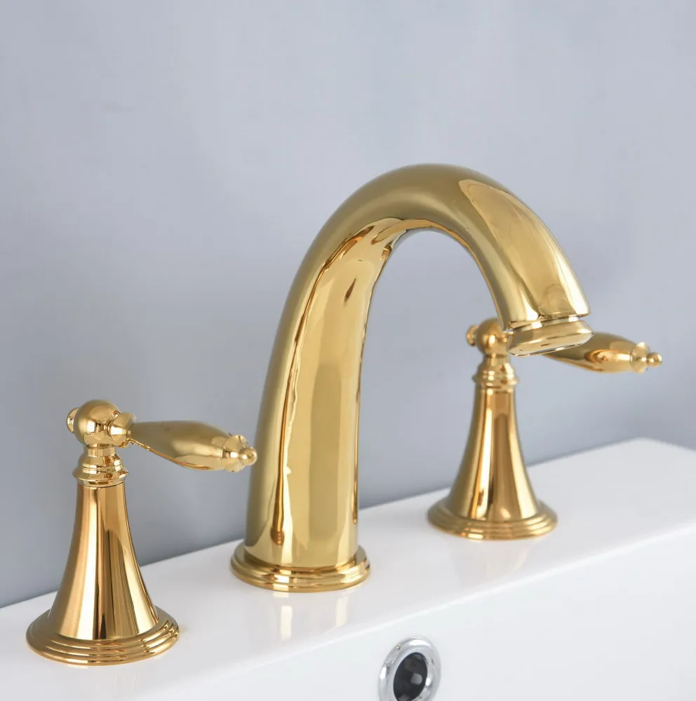 

Gold Color Brass Widespread Dual Handle Bathroom Washing Basin Mixer Taps Deck Mounted 3 Holes Lavatory Sink Faucet anf986