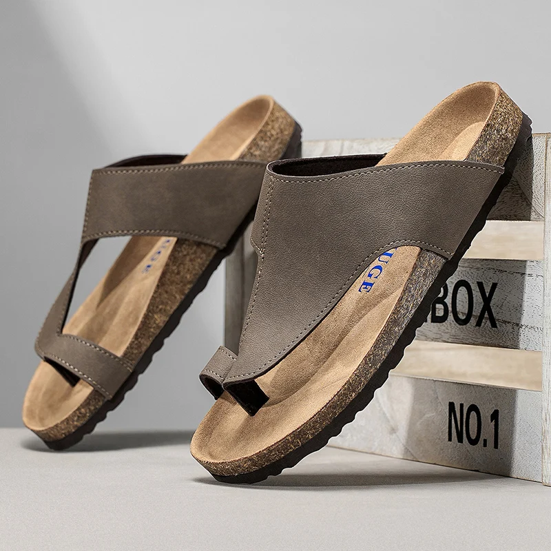 

New Summer Cork Sandals Men's Flock Faux Suede Mule Clogs Slippers Brown Classic Buckle Cork Slides Slippers For Men Slippers