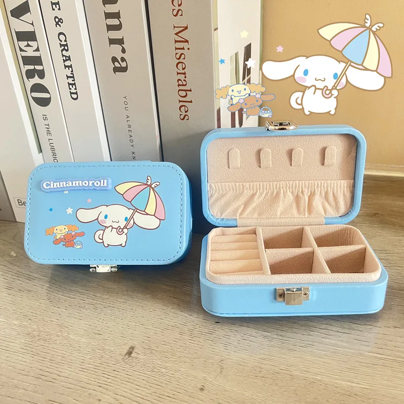 

Makeup Bag Hello Kitty Jewelry Leather Square Small Round Box Sanrio Stitch Kt Ring Earrings Portable Travel Jewelry Storage Toy
