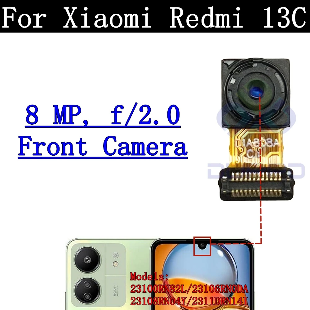 Rear Camera Flex Cable for Xiaomi Redmi 13C, 2311DRN14I, 23106RN0DA, Front Selfie, Small Facing, Main Back Camera, Glass Lens