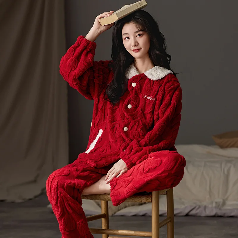 Red Color Winter Warm Nightwear for Women Coral Fleece Sleepwear Cardigan Home Clothes Plus Size M-2XL Pjs Pyjamas Femme Pijamas