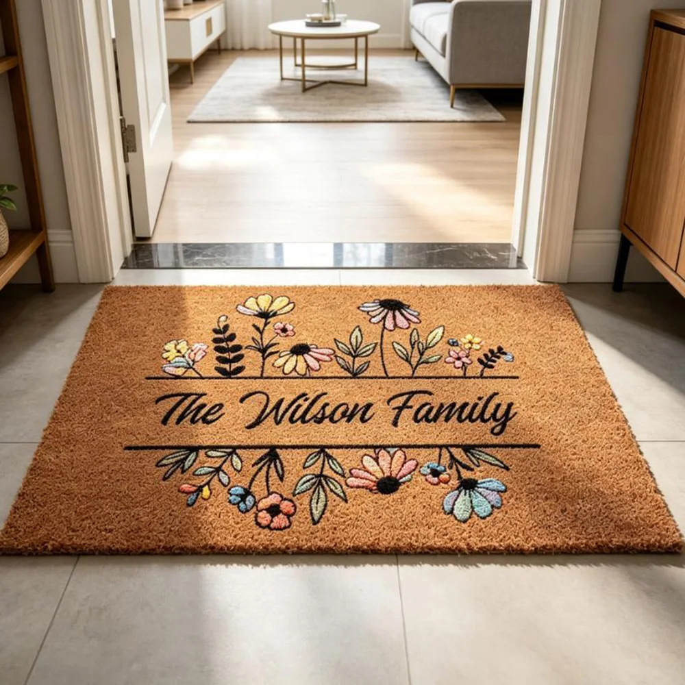 

Personalized Wildflower Coir Doormat Custom Family Name Mat for Front Door Entry Way Housewarming Gift