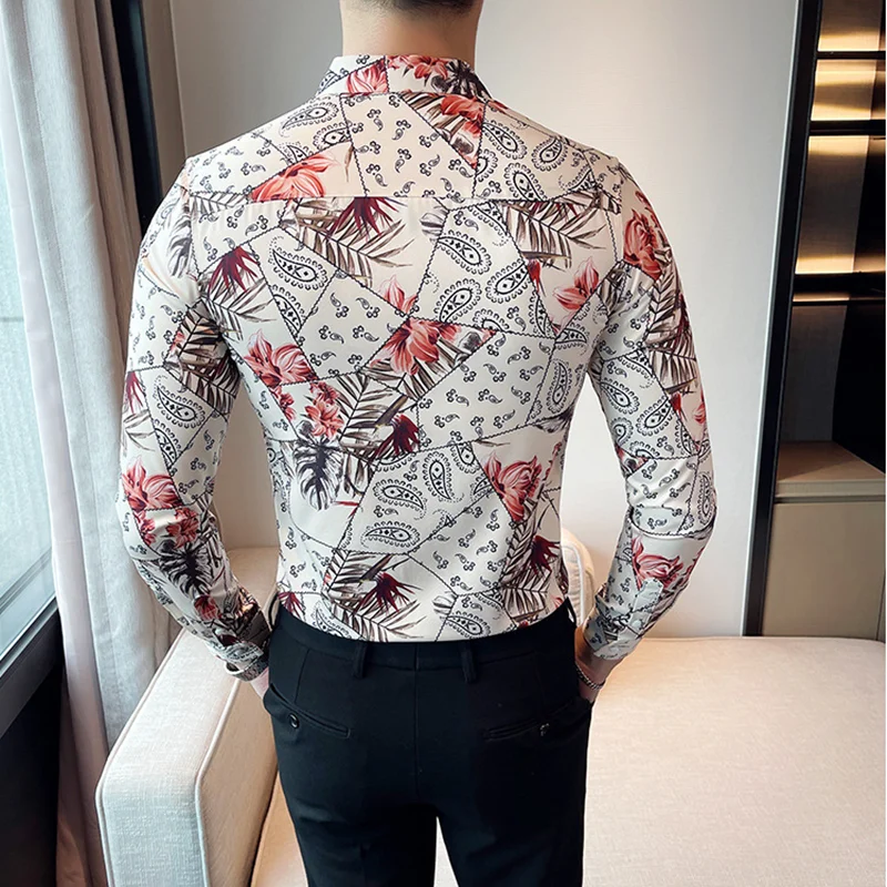 Plus Size M-6XL High Quality Printed Shirts Brand Clothing Men Designer Social Tuxedo Slim Long Sleeve Baroque Slim Party Shirt