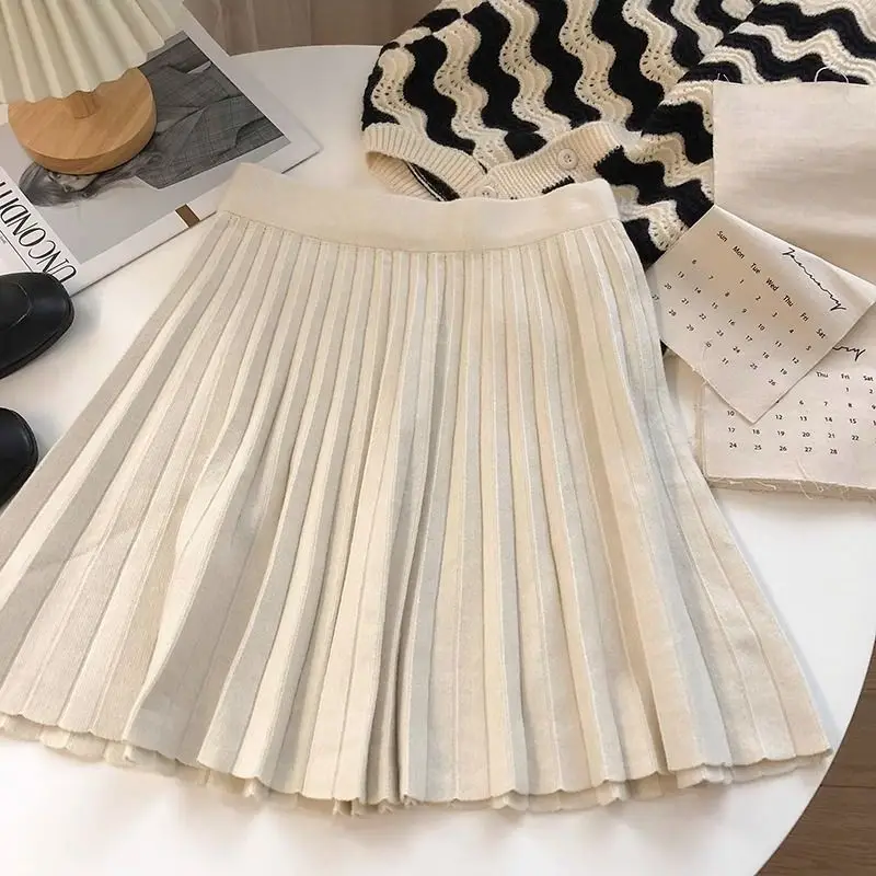 High Waist Mini Skirt Women Knitting Pleated A-line Thicken Loose Korean-style Hotsweet Girls Gentle Elegant Chic Leisure Solid