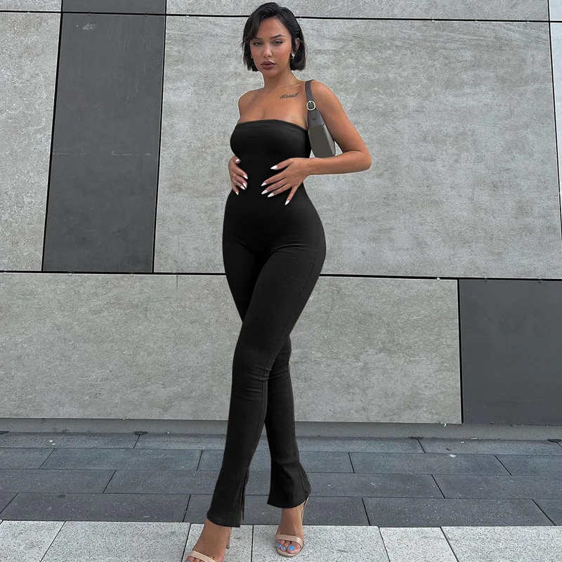 

Strapless Off Shoulder Ribbed Jumpsuit Pure Color Solid Sexy 2023 Summer Autumn For Women High Alit Clubwear Wholesale