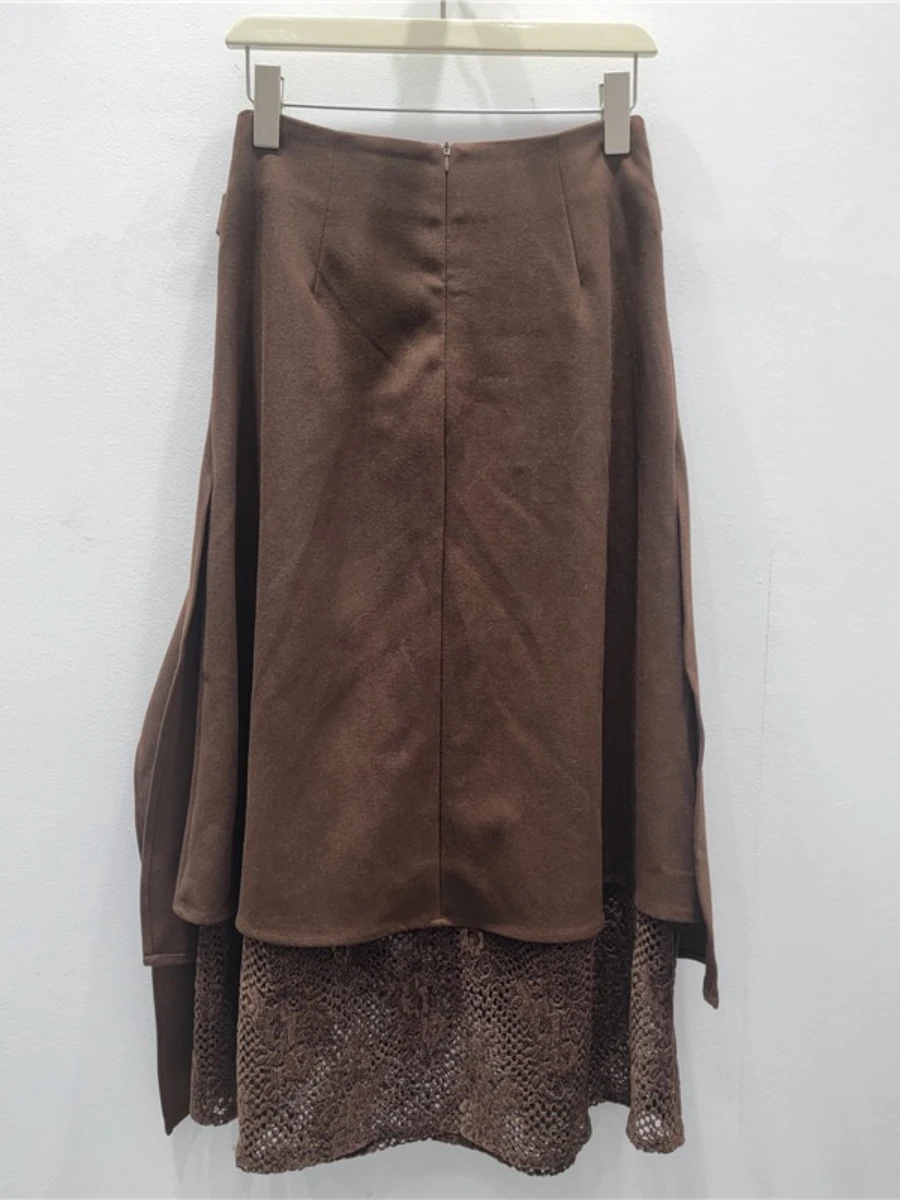 GALCAUR 솔리드 스플라이스 레이스 템퍼먼트 스커트 여성용 하이웨이스트 루즈 엘레강트 불규칙 여성 스커트 가을 패션 스타일 신상