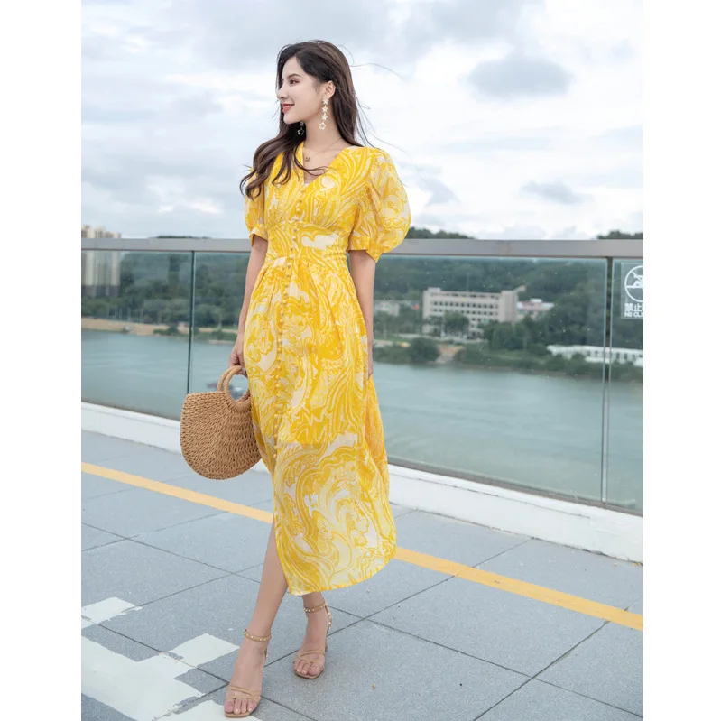 Retro Chiffon Floral Dress French Summer Thai Sea Sanya Seaside Vacation Beach for Women